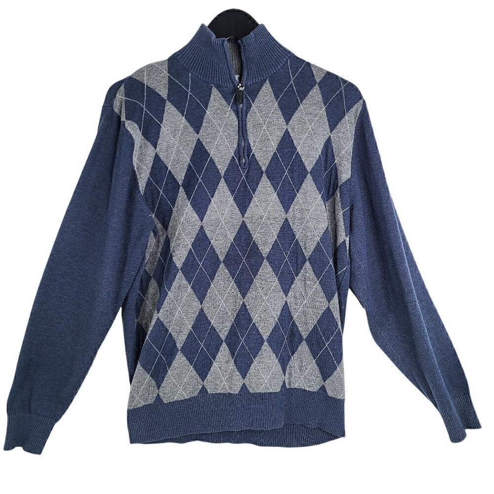 Oscar de la Renta Navy Blue Gray Argyle Fair Isle Preppy Quarter Zip Sweater